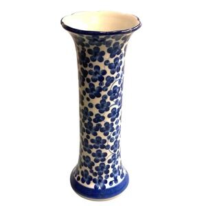 Hand Painted Cobalt Spongeware Fluted Vase Polish Style Blue Bolesławiec style